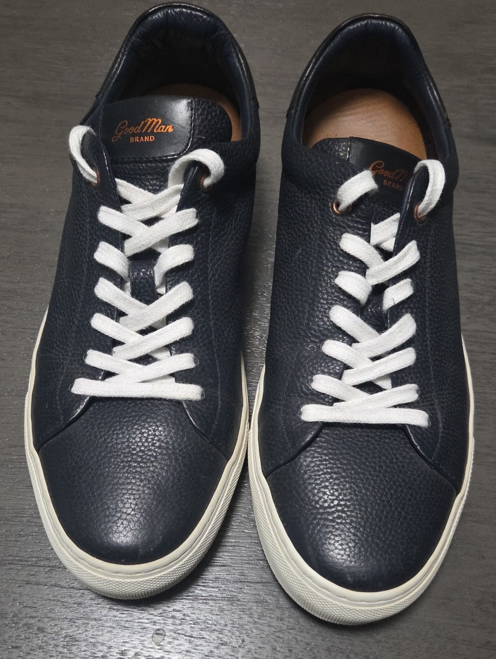 Good Man Brand Navy Pebbled Leather Sneakers with White Laces.